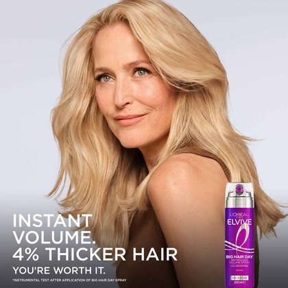 Gillian Anderson showcasing voluminous hair lift from the Collagen Lifter Volume Spray - instant volume.