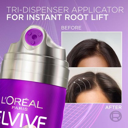 Before-and-after comparison showing instant volume lift at hair roots.