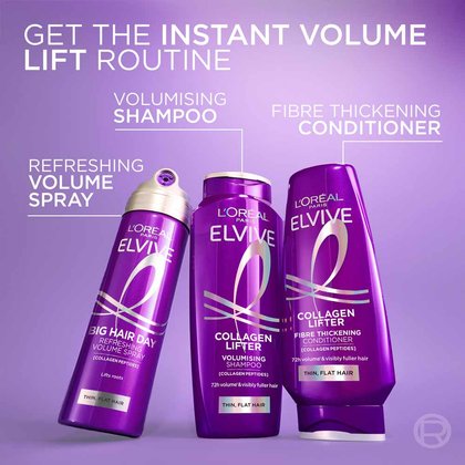 Get the instant volume lift routine: a refreshing volume spray, volumising shampoo, and fibre thickening conditioner.