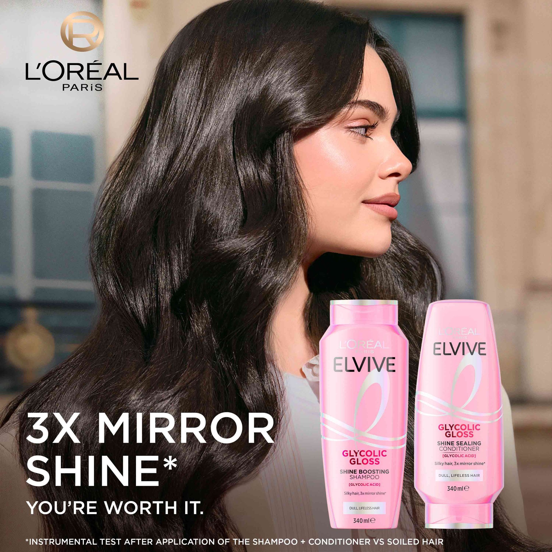 3X mirror shine* with the Elvive Glycolic Gloss shine shampoo