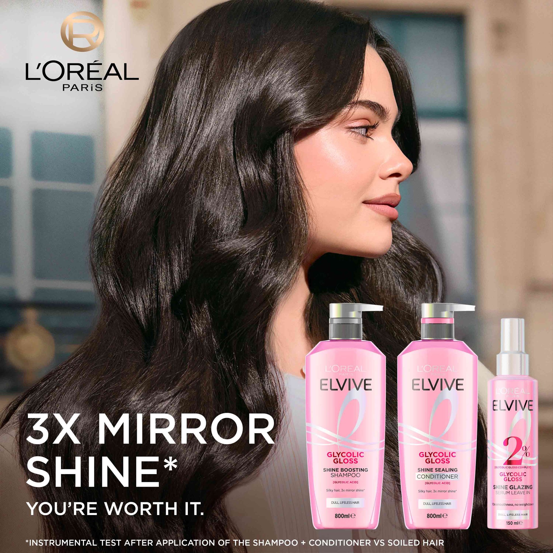 3X Mirror Shine With The Elvive Glycolic Gloss Shine Conditioner 800ml