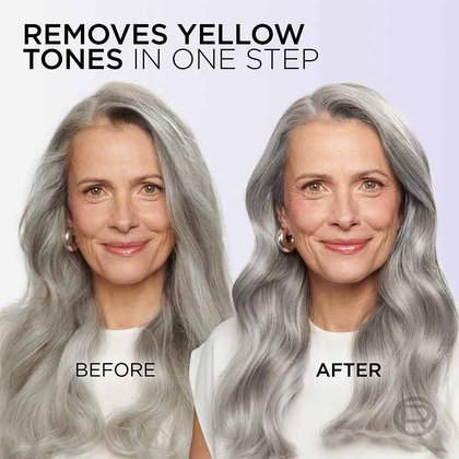 L'Oréal Paris' Cool Silver toner before and after: removes yellow tones in one step to enhance your natural grey hair tone
