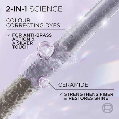Cool Silver toner for grey hair uses colour correcting dyes for anti-brass action and a silver touch, while ceramide strengthens hair and restores shine