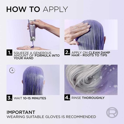 How to apply Cool Silver treatment for grey hair: Squeeze formula into hand, apply evenly on clean damp hair from roots to tips, leave for 10-15 minutes, then rinse thoroughly. Gloves recommended.
