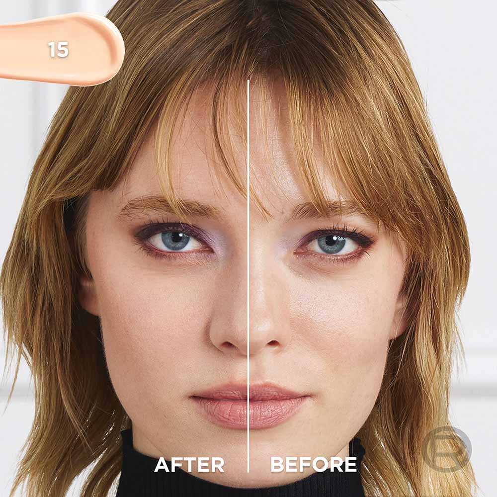 Before and after of Infallible 32HR Freshwear Foundation in Shade 15 Porcelain