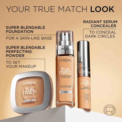 True Match Foundation routine: Super blendable foundation, radiant serum concealer, and perfecting powder to set.