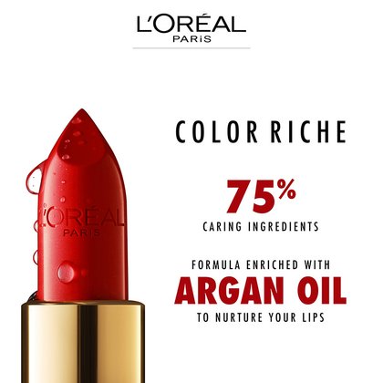 L'Oreal Paris Colour Riche Satin: 75% caring ingredients, formula enriched with argan oil to nurture your lips.