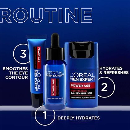 3 Step Anti Ageing Routine: Power Age Serum, Power Age Men's Hyaluronic Acid Moisturiser and Power Age Eye Roller
