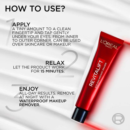 How to use the Revitalift eye cream for eye bags: over makeup, gently tap a tiny amount and allow to set for 15 minutes.